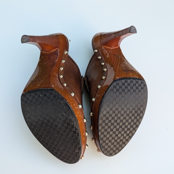 Gucci Brown Leather Mules with Metallic Gold Studs - Picture 9 of 13
